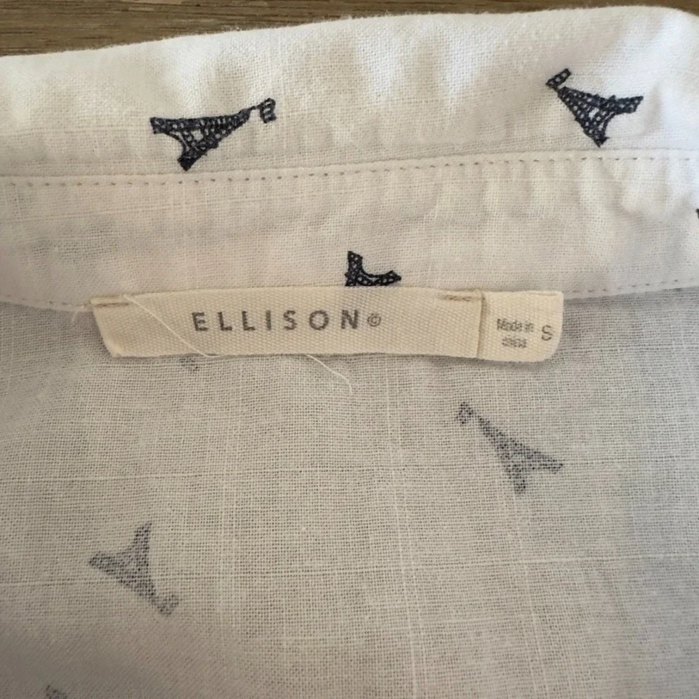 ELLISON Linen Blend Eiffel Tower Print Button Up Shirt Dress-White Knee Length-S